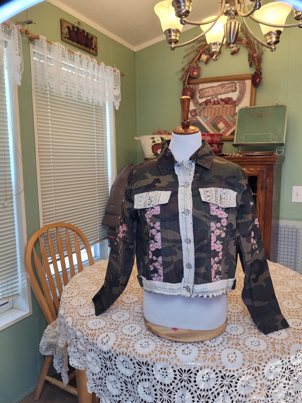 POL Camo Jacket with Pink Floral Appliqué and Lace